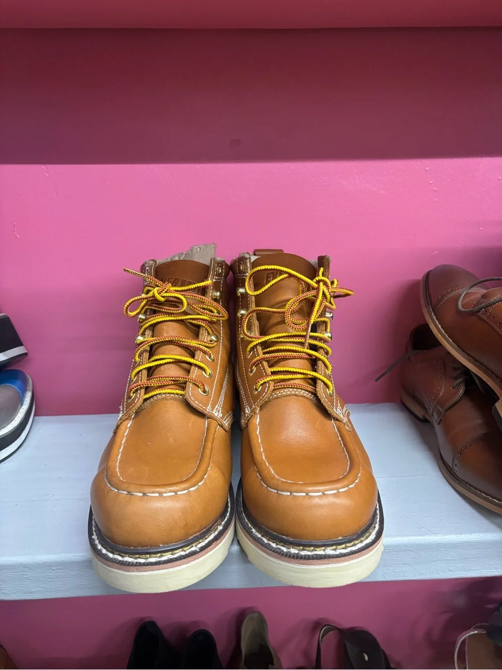 Men's Tan Moc Toe Work Boots with Yellow Contrast Laces